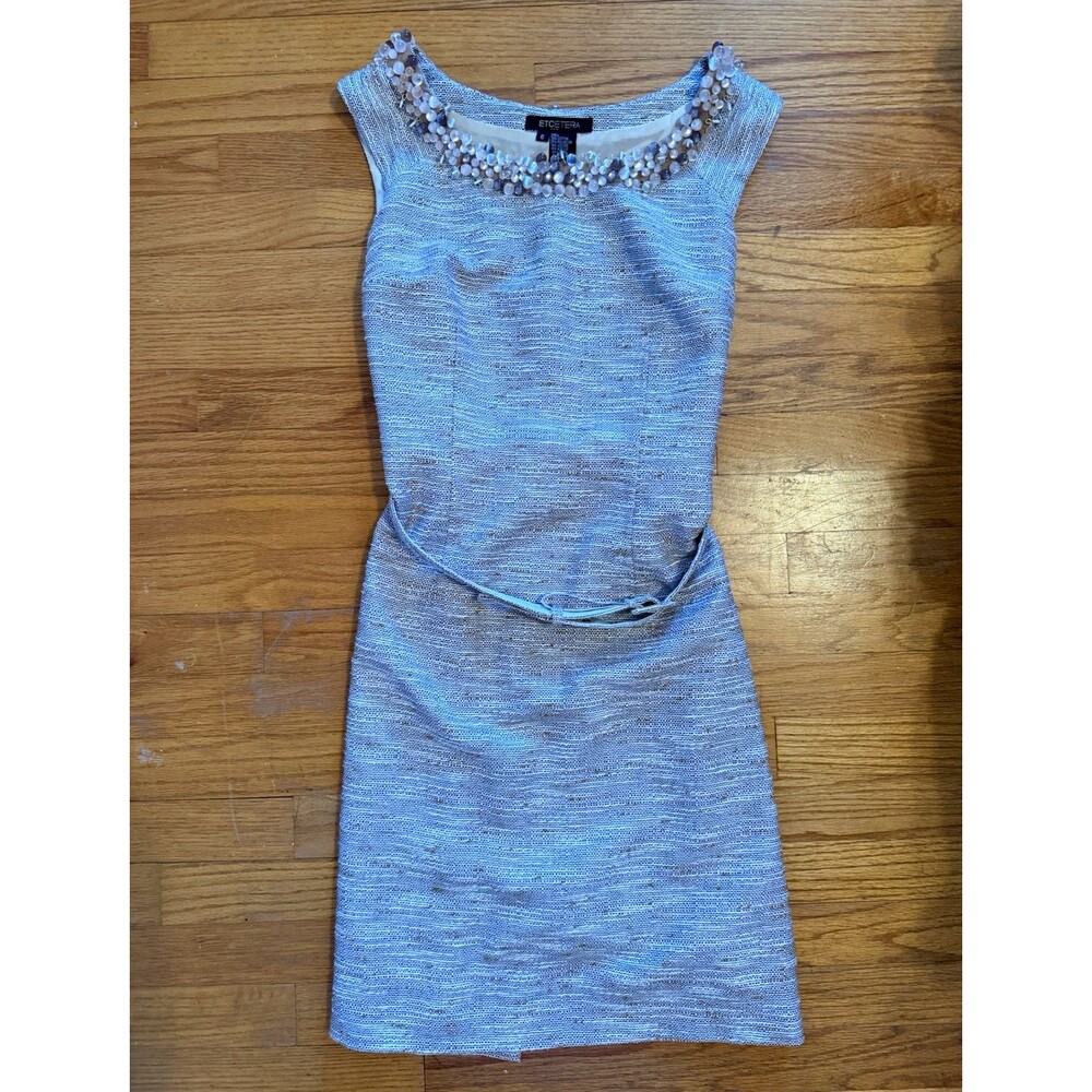 Etcetera Beige Tweed Sheath Dress Size 6 Sleeveless Scoop Neck Beaded Lined